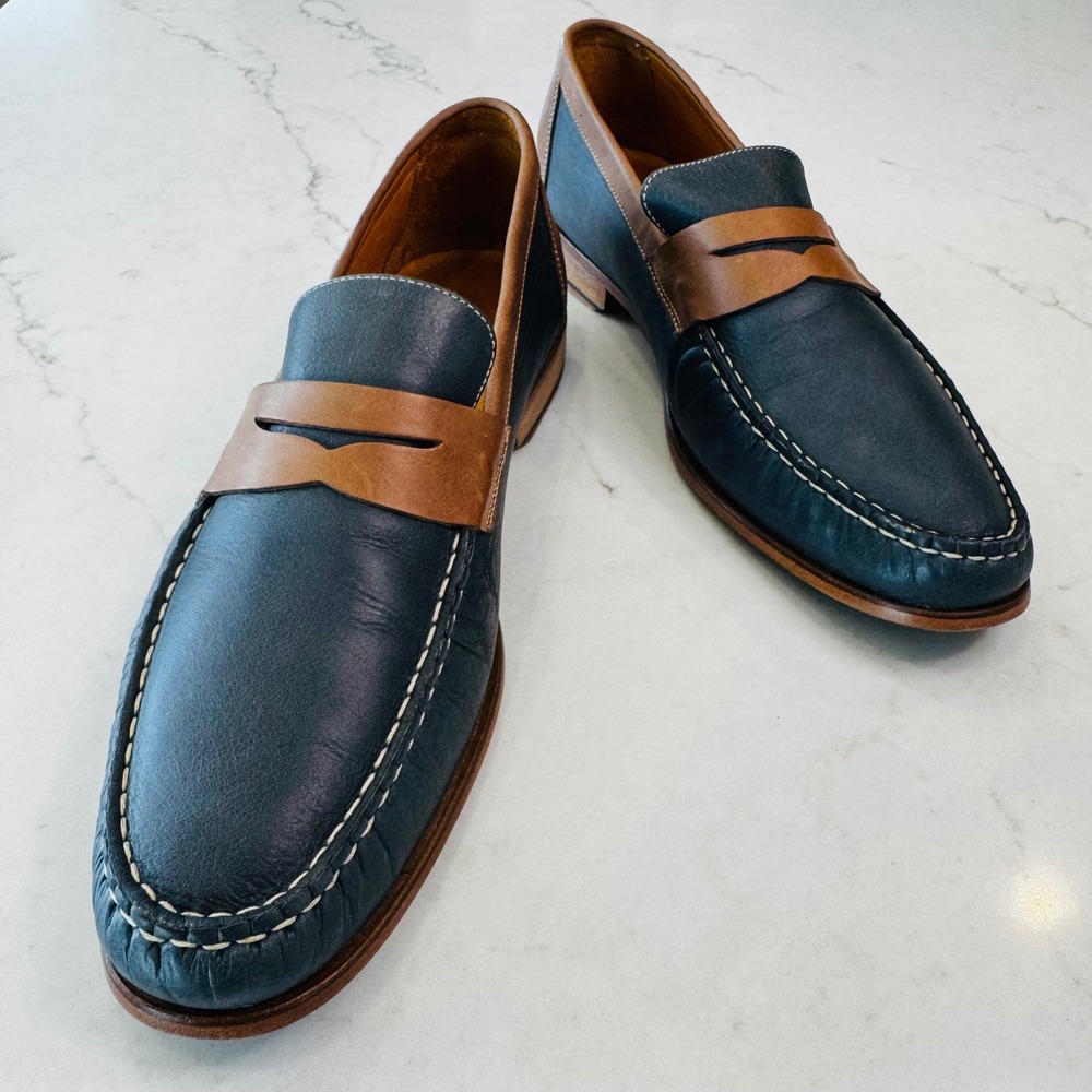 Johnston & Murphy Men 11 M Navy Blue Tan Leather Penny Loafers Italy 24-2517